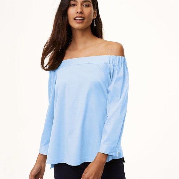 Ann Taylor LOFT Blue BUTTON BACK Blouse OFF SHOULDER XL NWT - Picture 1 of 2